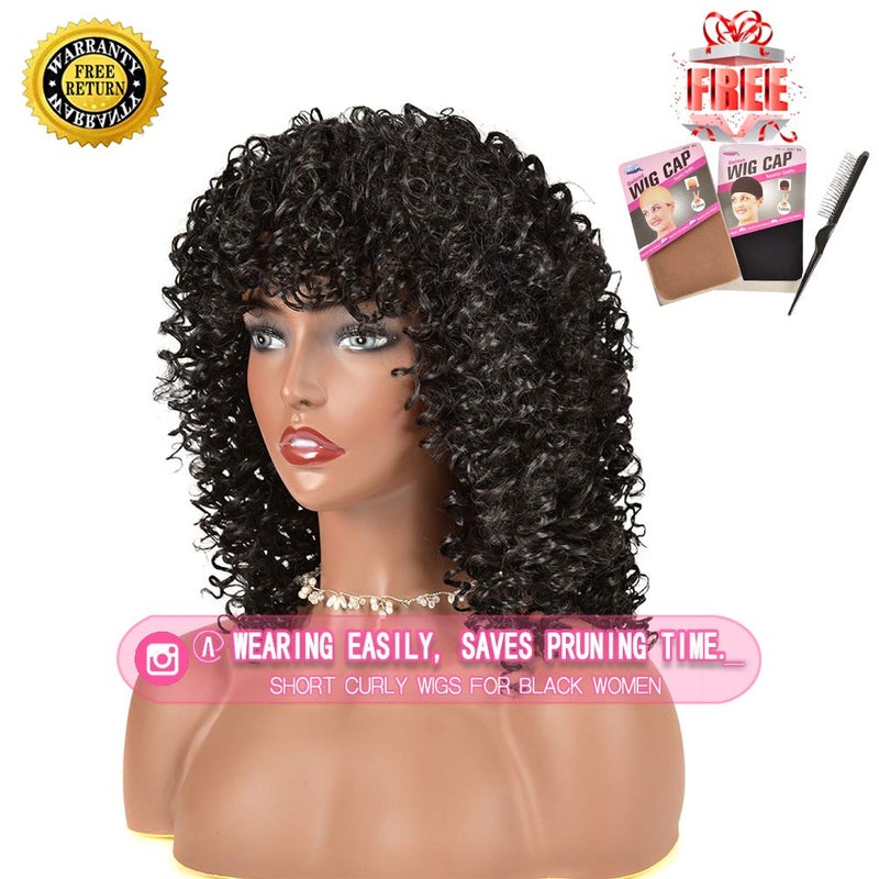 rosmile Curly Wigs for Black Women - Natural Black Synthetic African American Full Kinky Curly Afro Hair Wig with Bangs - Image 3